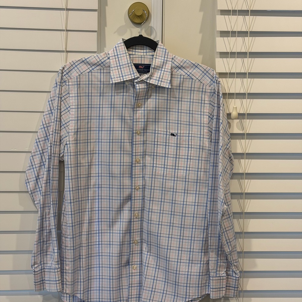 Vineyard Vines Men's Blue and White Plaid Shirt